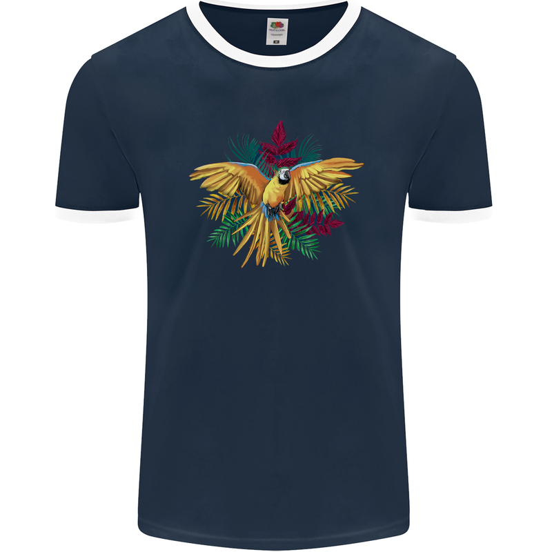 Maacaw Parrot In the Jungle Mens Ringer T-Shirt FotL Navy Blue/White