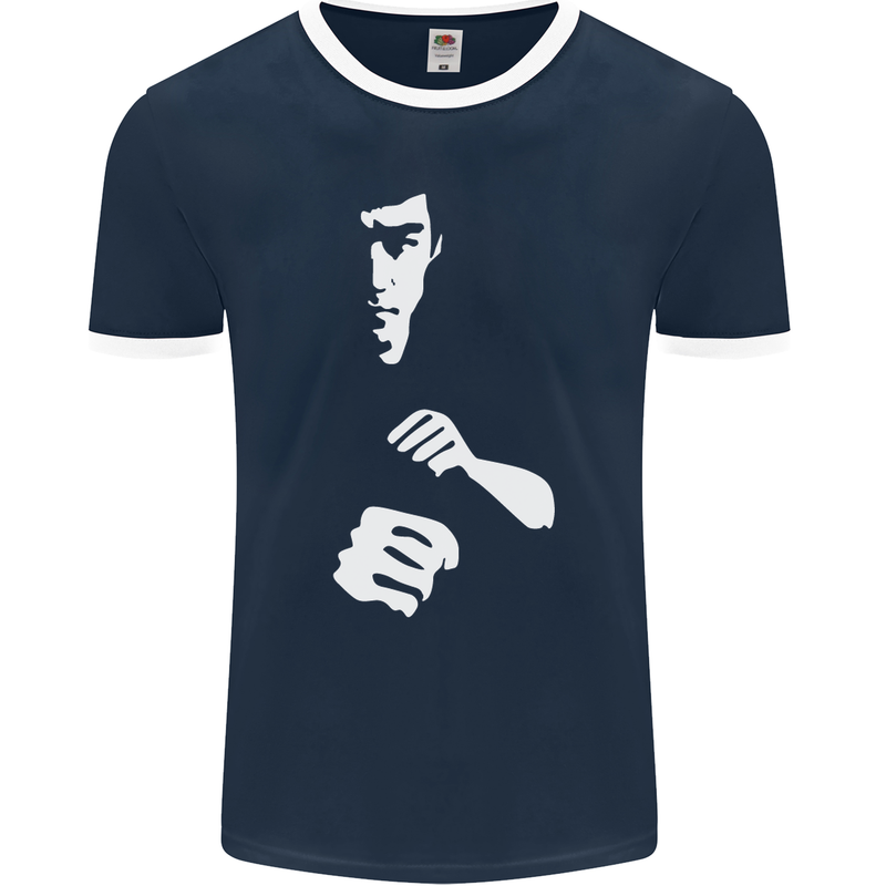 Martial Arts Silhouette MMA Jeet Kune Do Mens Ringer T-Shirt FotL Navy Blue/White