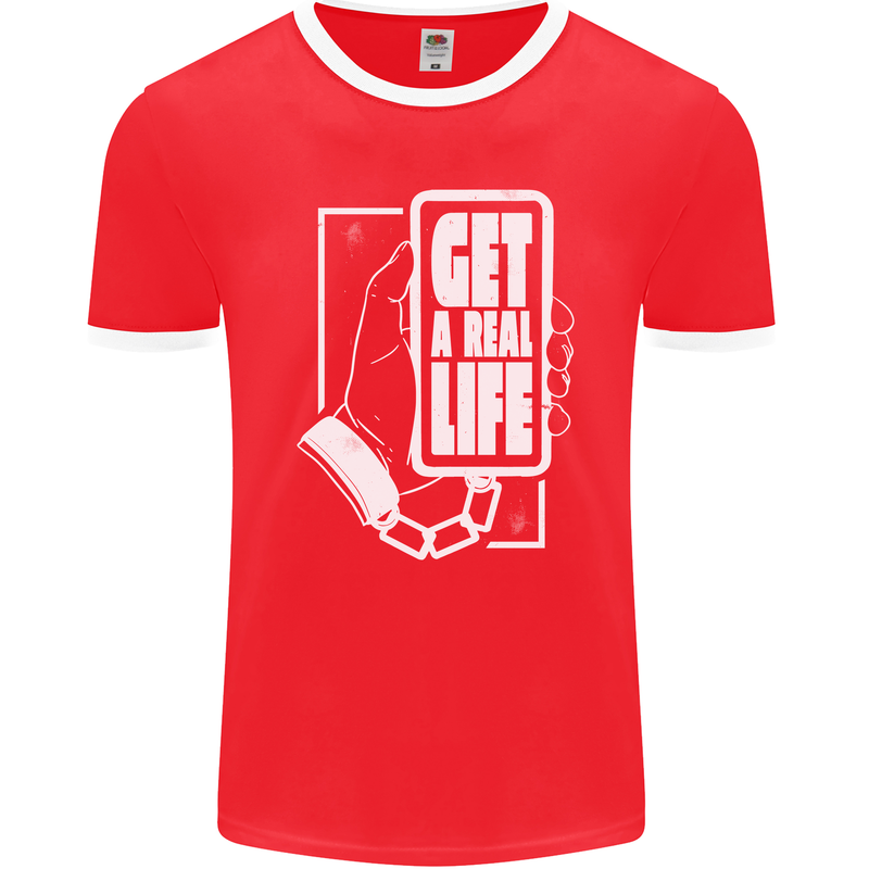 Get a Real Life Antisocial Phone Addict Mens Ringer T-Shirt FotL Red/White