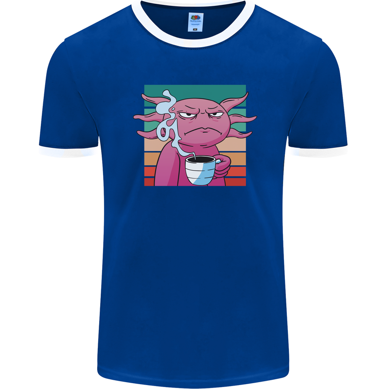 Grumpy Axolotl With Coffee Mens Ringer T-Shirt FotL Royal Blue/White