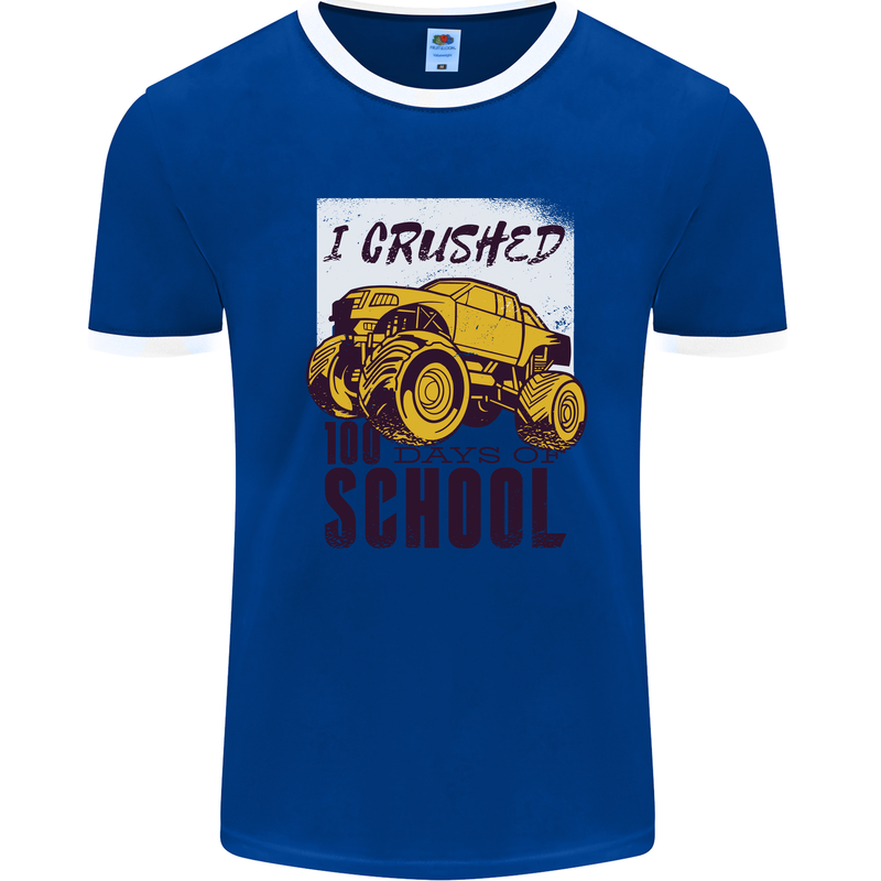 I Crushed 100 Days of School Monster Truck Mens White Ringer T-Shirt Royal Blue/White