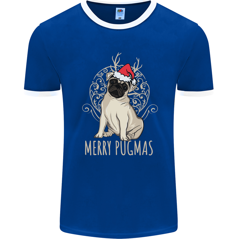 Merry Pugmas Funny Christmas Pug Mens Ringer T-Shirt FotL Royal Blue/White