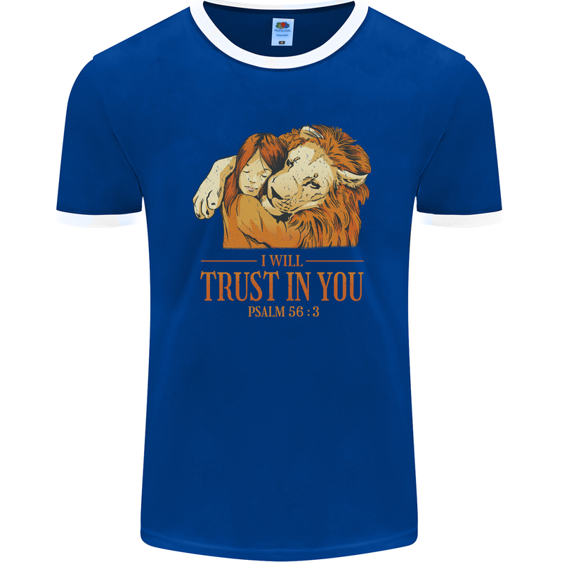 Religion Christianity Bible Trust in Lion Mens Ringer T-Shirt FotL Royal Blue/White