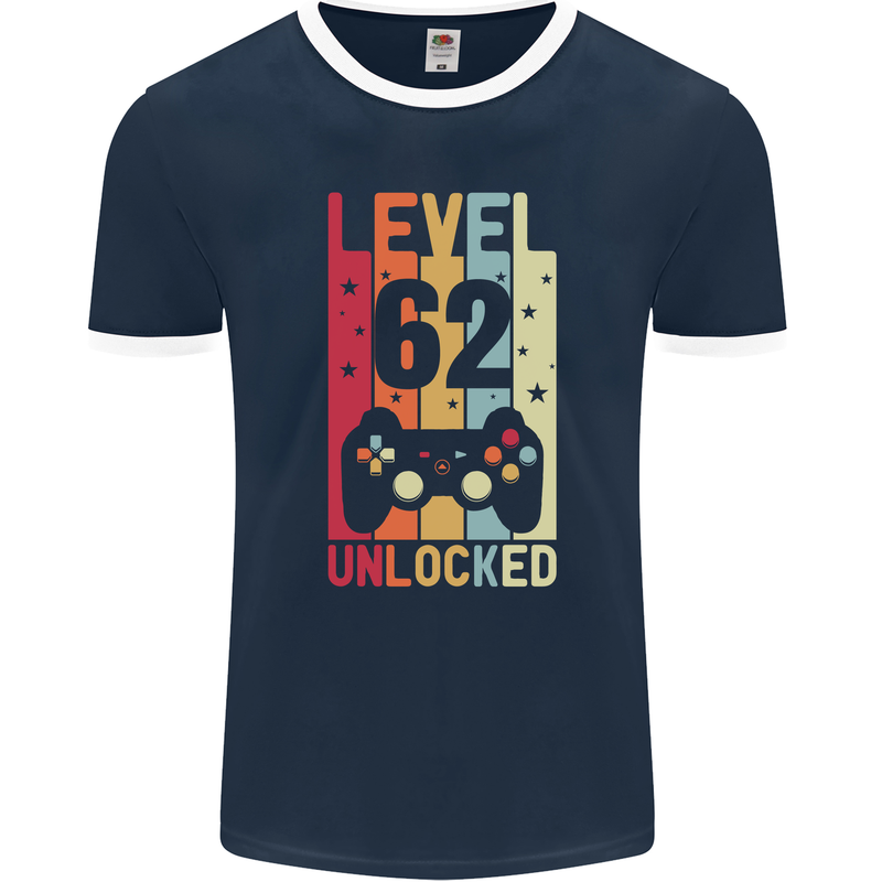 62nd Birthday 62 Year Old Level Up Gamming Mens Ringer T-Shirt FotL Navy Blue/White