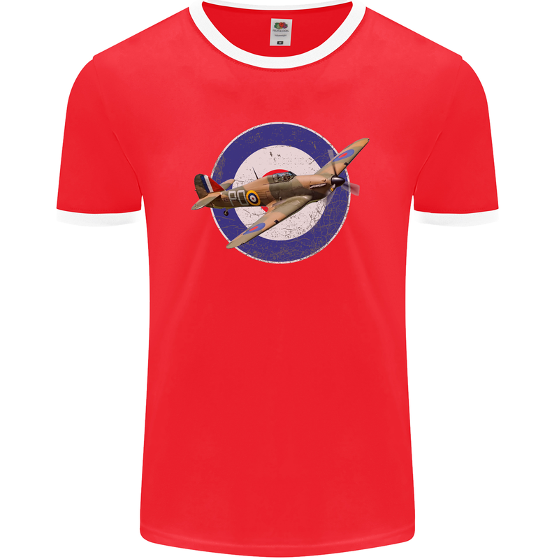 Hawker Hurricane With RAF Ensign Mens Ringer T-Shirt FotL Red/White