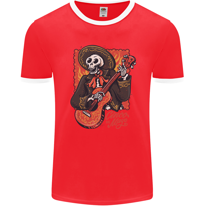 Mariachi Skeleton Cinco De Mayo Skull Mens Ringer T-Shirt FotL Red/White