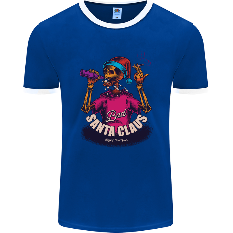 Bad Santa Claus Funny Skull Beer Alcohol Mens Ringer T-Shirt FotL Royal Blue/White