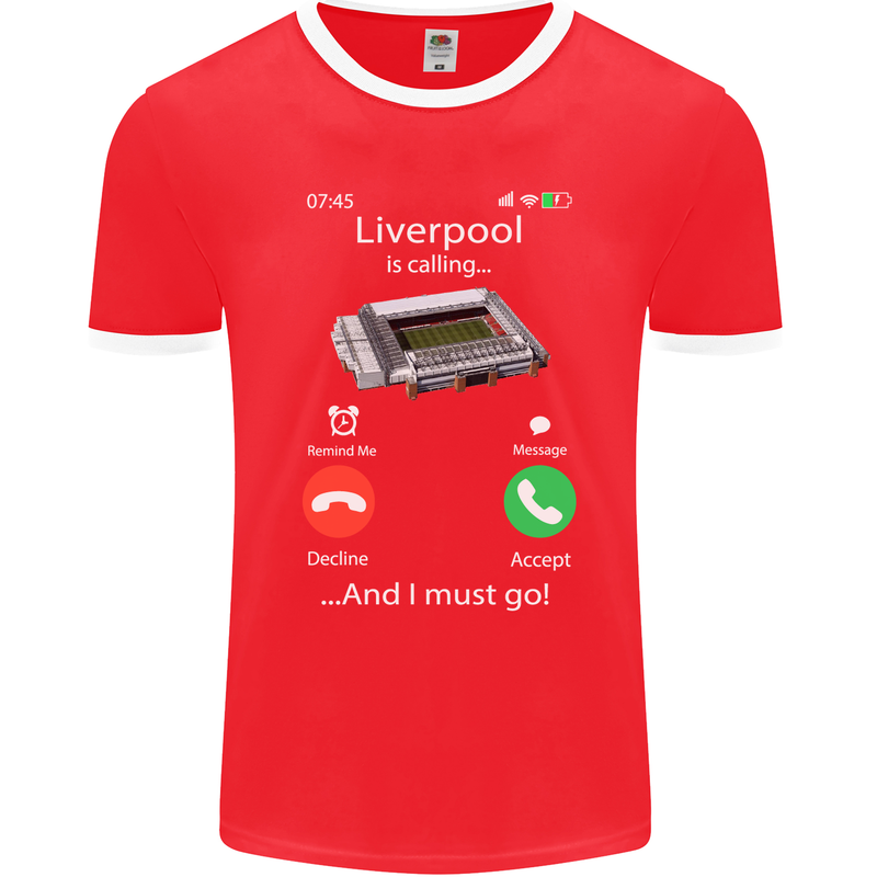 Liverpool Is Calling Funny Football Mens Ringer T-Shirt FotL Red/White