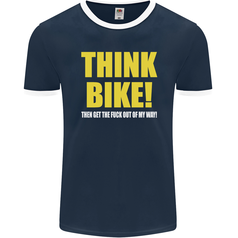 Think Bike! Cycling Biker Motorbike Bicycle Mens Ringer T-Shirt FotL Navy Blue/White