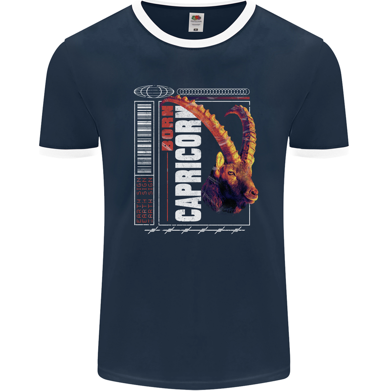 Born Capricorn Birthday Star Sign Mens Ringer T-Shirt FotL Navy Blue/White