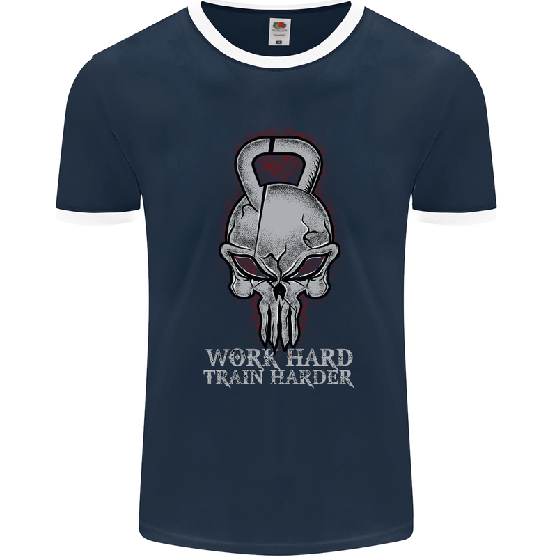 Work Hard Train Harder Training Top Workout Mens Ringer T-Shirt FotL Navy Blue/White