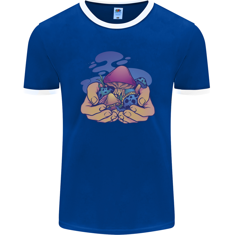 Magic Mushroom Hands Mycology Trippy Mens Ringer T-Shirt FotL Royal Blue/White