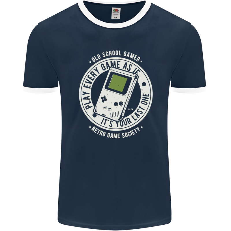 Old School Gamer Funny Gaming Mens Ringer T-Shirt FotL Navy Blue/White