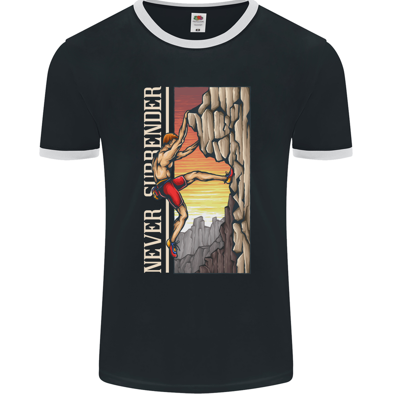 Never Surrender Rock Climbing Climber Mens Ringer T-Shirt FotL Black/White