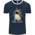 Merry Pugmas Funny Christmas Pug Mens Ringer T-Shirt FotL Navy Blue/White