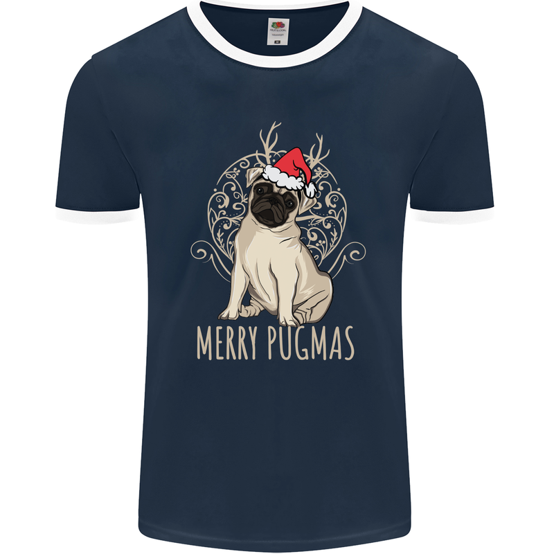 Merry Pugmas Funny Christmas Pug Mens Ringer T-Shirt FotL Navy Blue/White