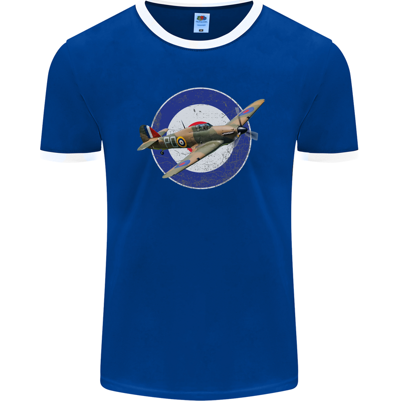 Hawker Hurricane With RAF Ensign Mens Ringer T-Shirt FotL Royal Blue/White