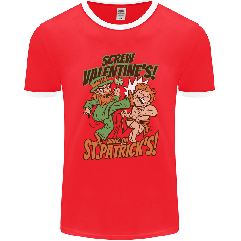 Screw Valentine's Day Funny St. Patrick's Mens Ringer T-Shirt FotL Red/White