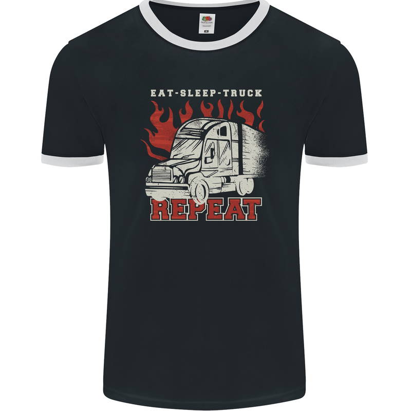 Lorry Driver Eat Sleep Truck Trucker Mens Ringer T-Shirt FotL Black/White