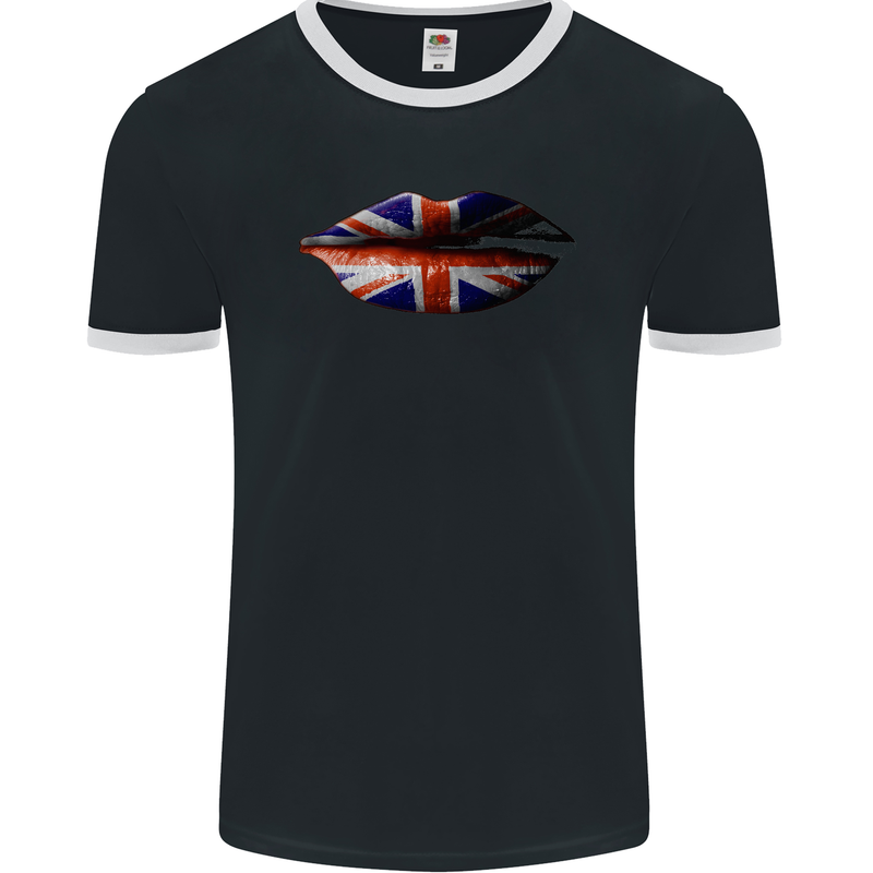 Union Jack Flag Lips the UK Great Britain Mens Ringer T-Shirt FotL Black/White