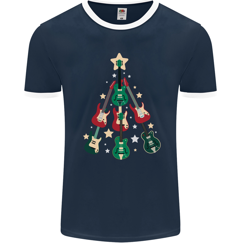 Funny Christmas Guitar Tree Rock Music Mens Ringer T-Shirt FotL Navy Blue/White