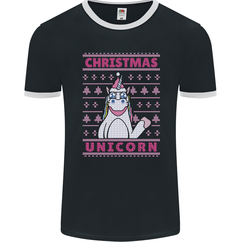 Funny Christmas Unicorn Mens Ringer T-Shirt FotL Black/White