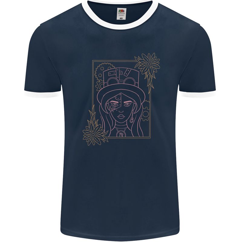 Virgo Steampunk Zodiac Star Sign Astrological Mens Ringer T-Shirt FotL Navy Blue/White