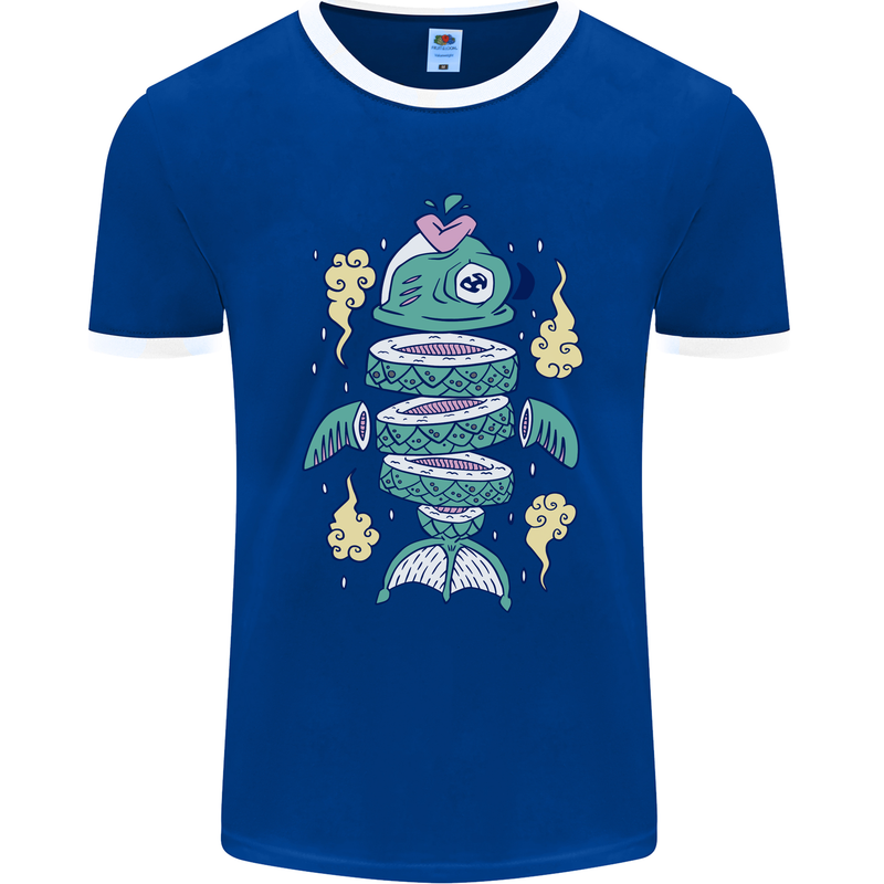 Funny Sliced Sushi Fish Fishing Fisherman Mens Ringer T-Shirt FotL Royal Blue/White