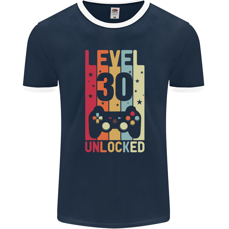 30th Birthday 30 Year Old Level Up Gamming Mens Ringer T-Shirt FotL Navy Blue/White