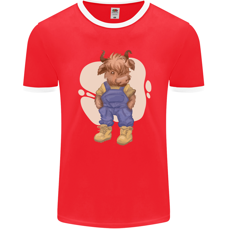 An Infant Highland Cow Cattle Bull Mens Ringer T-Shirt FotL Red/White