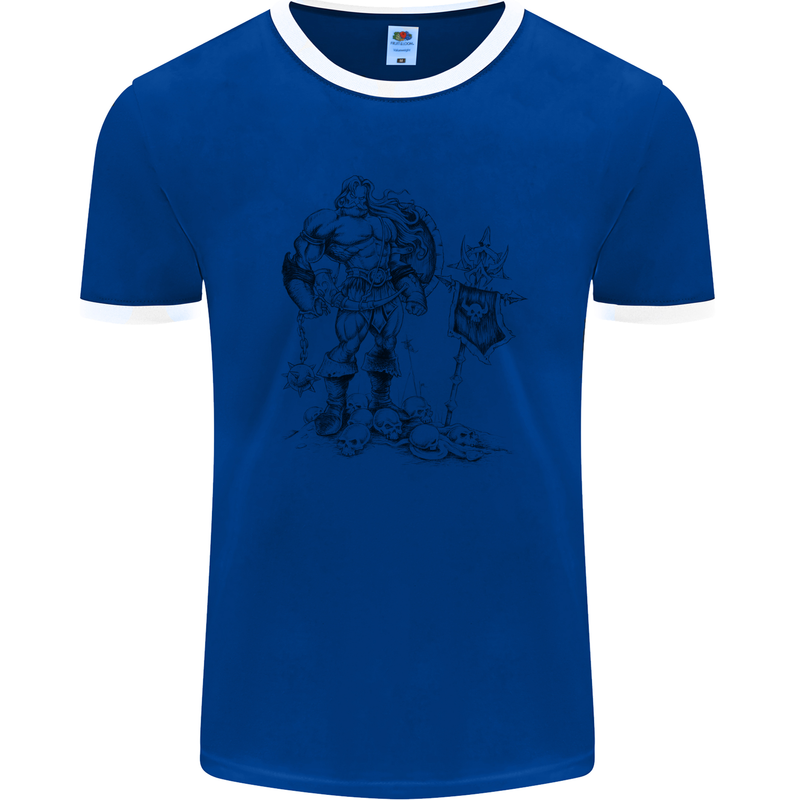 Viking Warior Skull Thor Odin Valhalla MMA Mens Ringer T-Shirt FotL Royal Blue/White