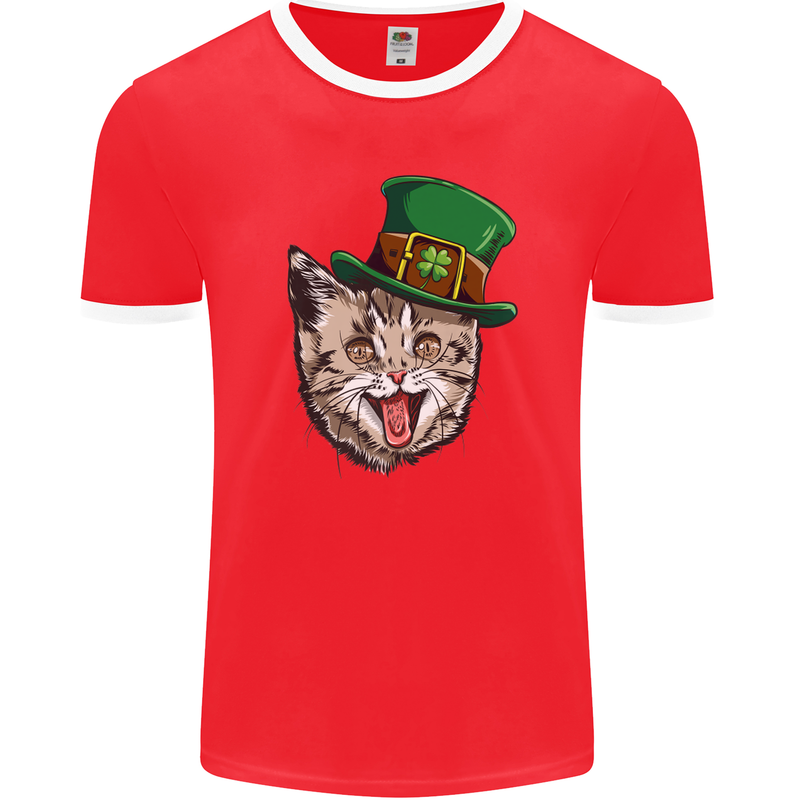 St Patricks Day Cat Funny Irish Mens Ringer T-Shirt FotL Red/White