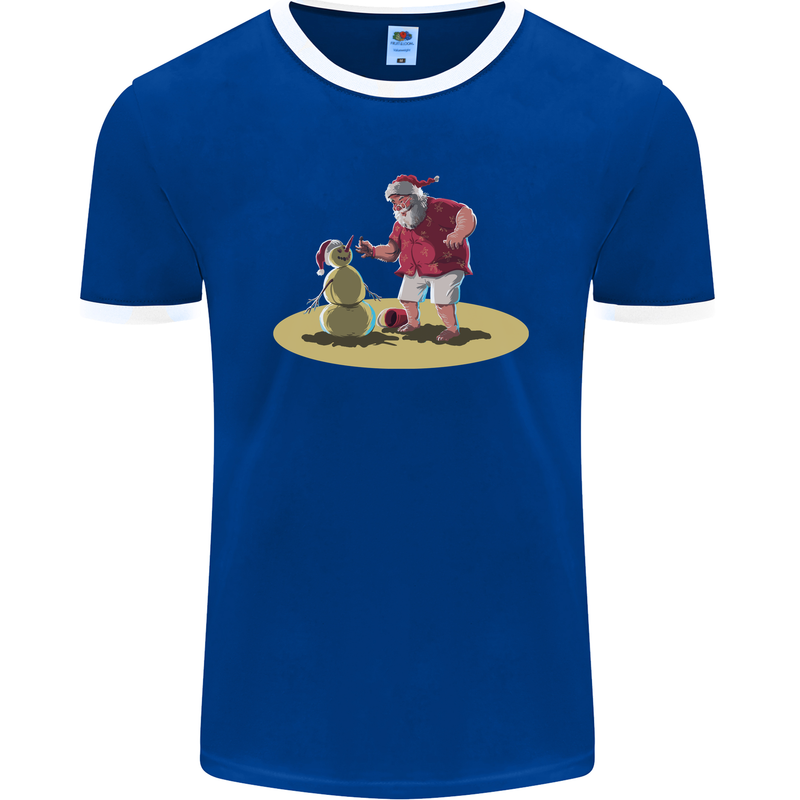 Christmas Beach Santa Clause & Snowman Mens Ringer T-Shirt FotL Royal Blue/White