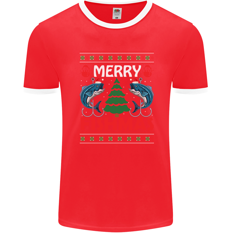 Merry Fishmas Funny Christmas Fishing Mens Ringer T-Shirt FotL Red/White