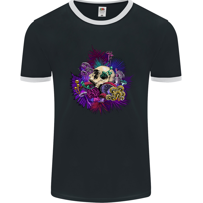 Magic Mushroom Skull LSD Hallucinogenic Mens Ringer T-Shirt FotL Black/White