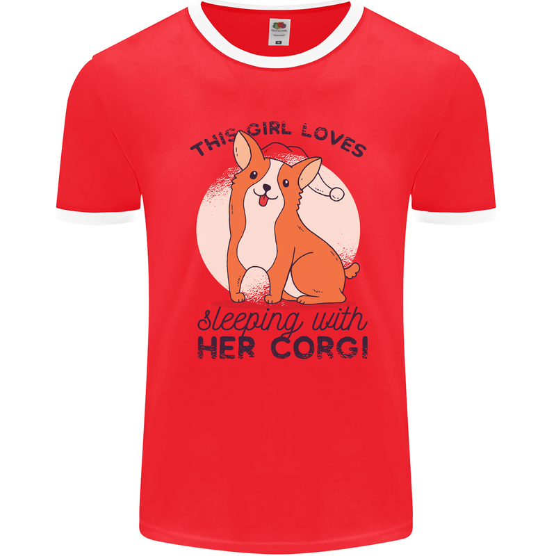 Sleeping With Her Corgi Funny Mens Ringer T-Shirt FotL Red/White