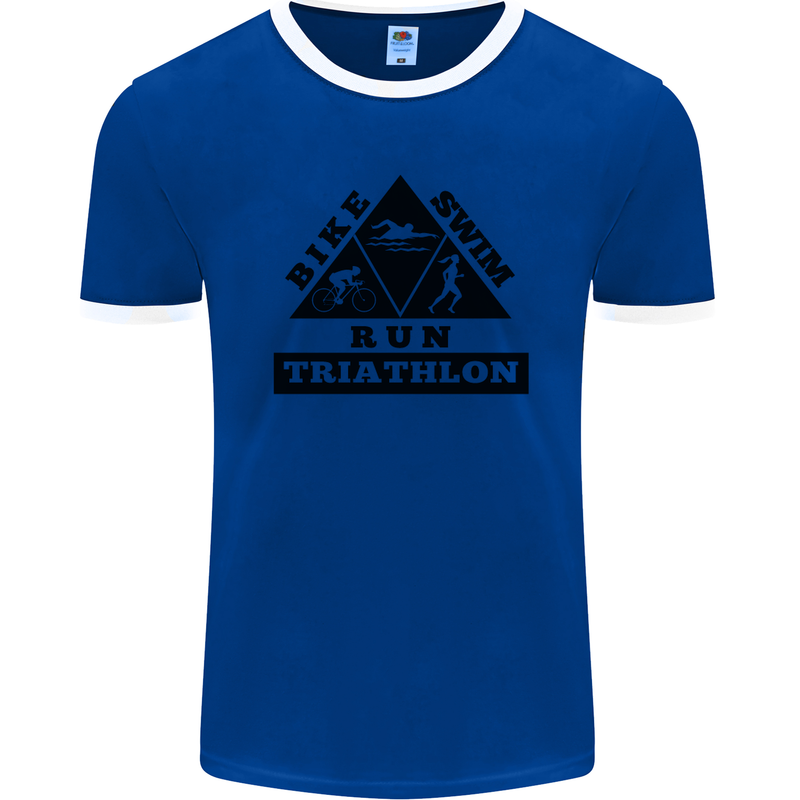 Triathlon Triangle Running Swimming Cycling Mens Ringer T-Shirt FotL Royal Blue/White