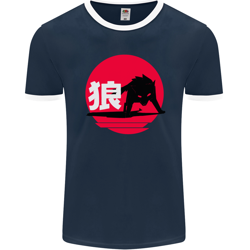 Japanese Wolf Japan Mens Ringer T-Shirt FotL Navy Blue/White