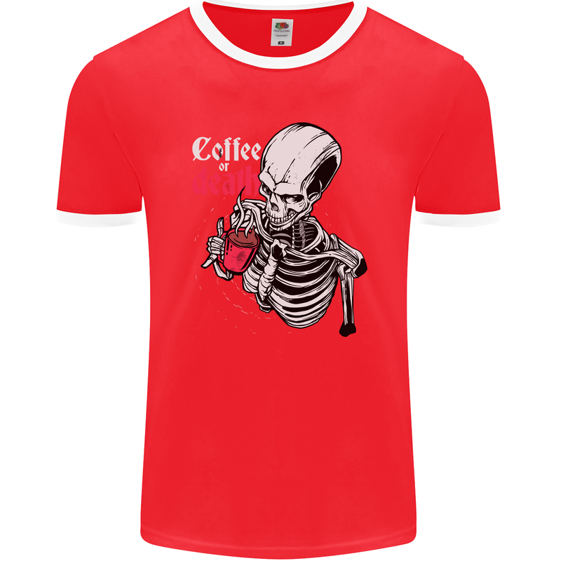 Coffee or Death Skull Mens Ringer T-Shirt FotL Red/White