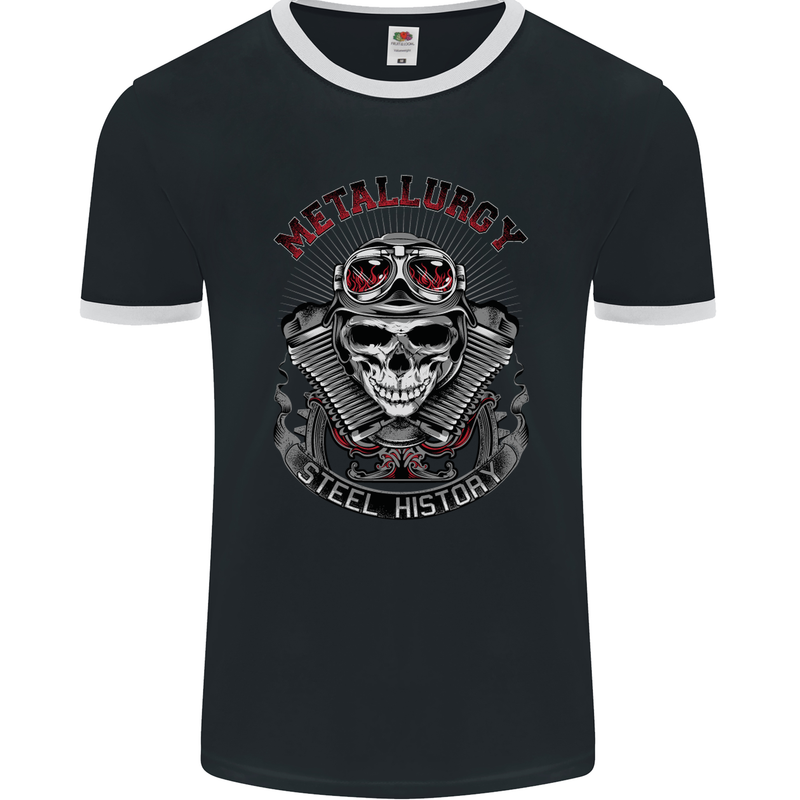 Biker Metallurgy Motorbike Motorcycle Skull Mens Ringer T-Shirt FotL Black/White
