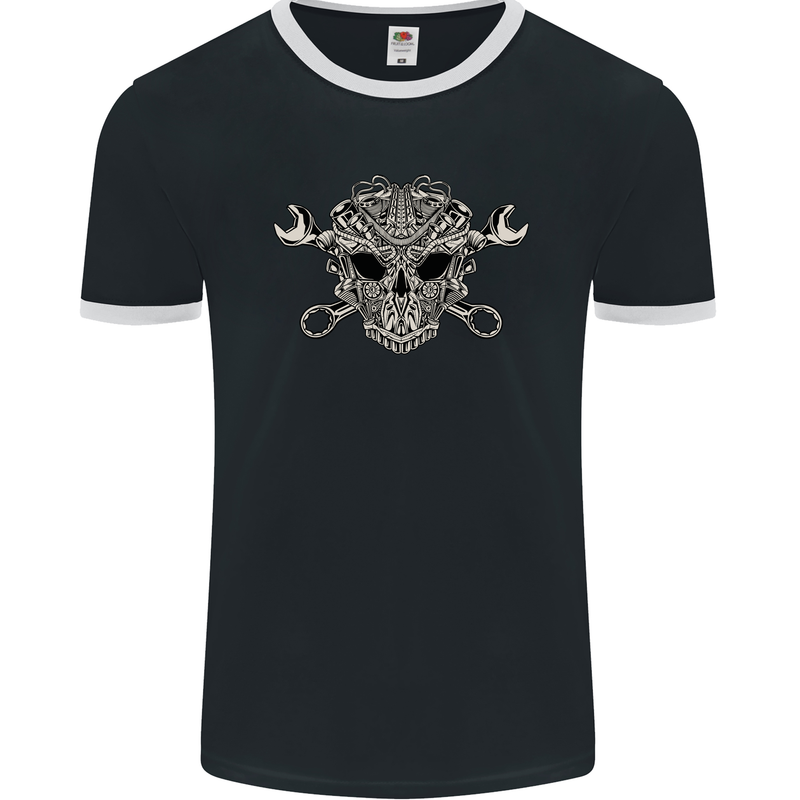 Mechanic Engine Skull Mens Ringer T-Shirt FotL Black/White