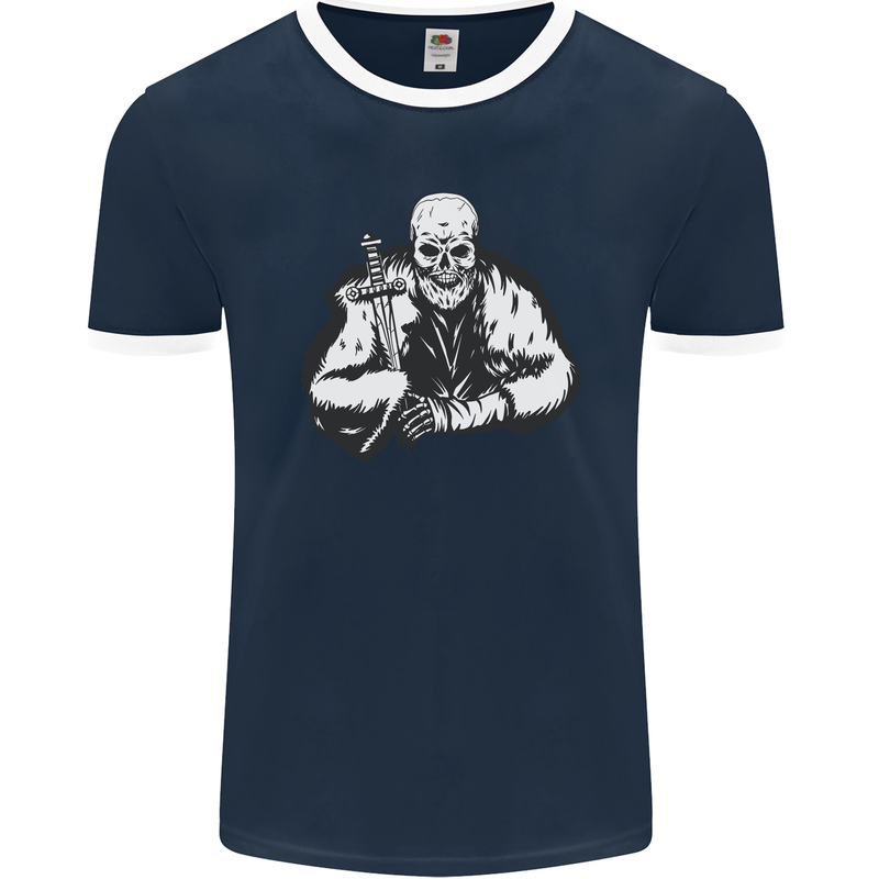 Viking Skull & Sword Thor Valhalla Mens Ringer T-Shirt FotL Navy Blue/White