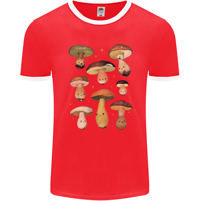 Mushroom Faces Foraging Mycology Mens Ringer T-Shirt FotL Red/White