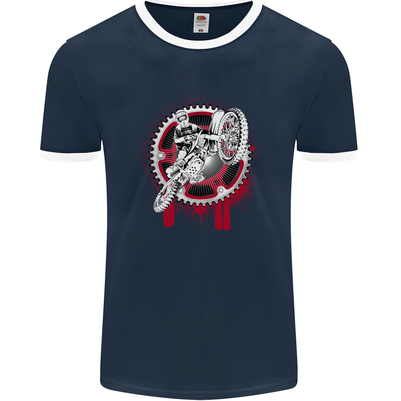 Motocross Bike on a Background of Gears Mens Ringer T-Shirt FotL Navy Blue/White