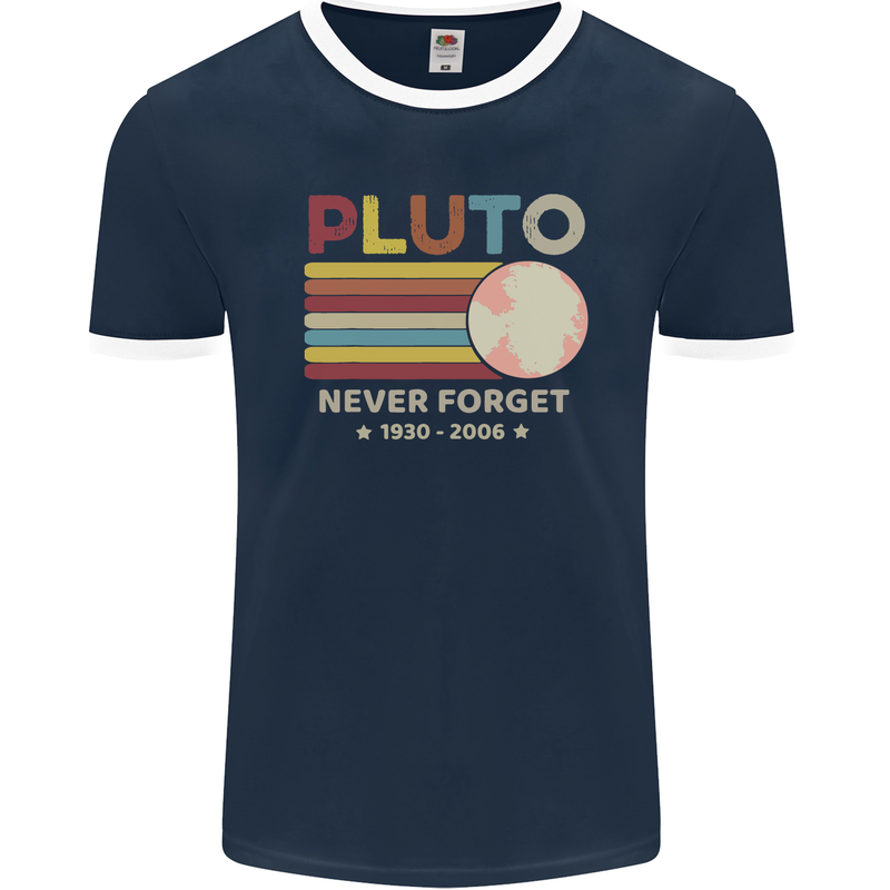 Pluto Never Forget Space Astronomy Planet Mens Ringer T-Shirt FotL Navy Blue/White