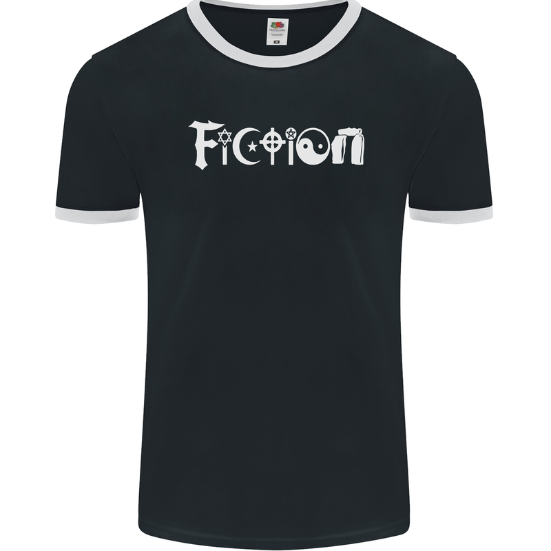 Fiction Funny Atheist Atheism Irreligious Mens Ringer T-Shirt FotL Black/White