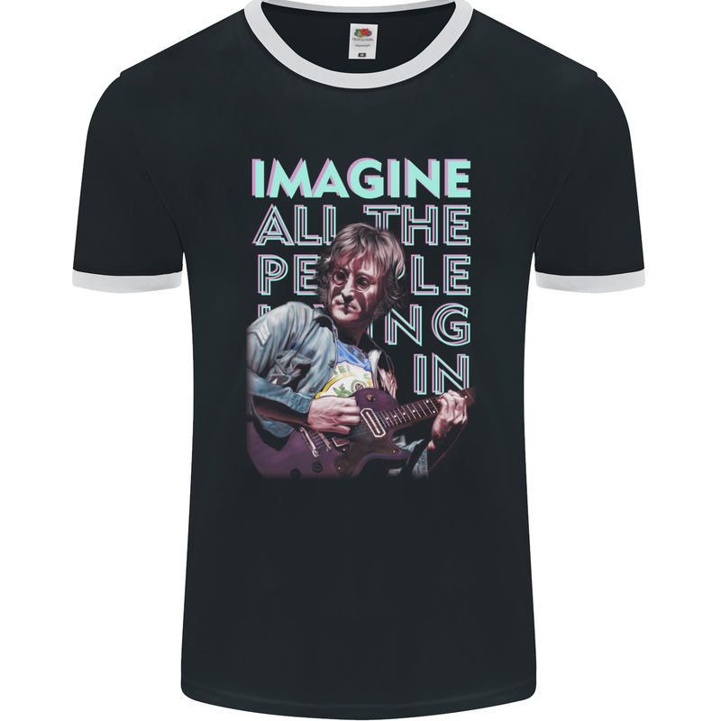 Imagine World Peace Music Guitar Hippy Mens Ringer T-Shirt FotL Black/White