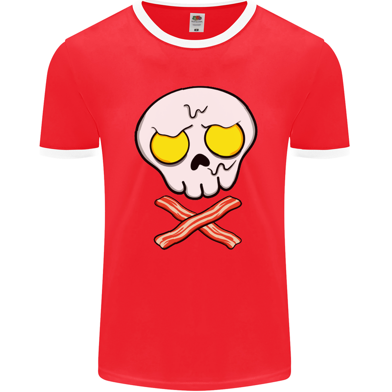 Bacon & Egg Skull & Crossbones Funny Mens Ringer T-Shirt FotL Red/White