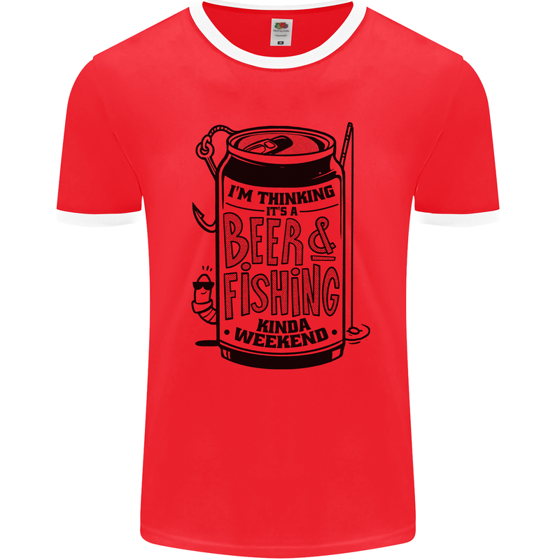 I'm Thinking Beer & Fishing Weekend Funny Mens Ringer T-Shirt FotL Red/White