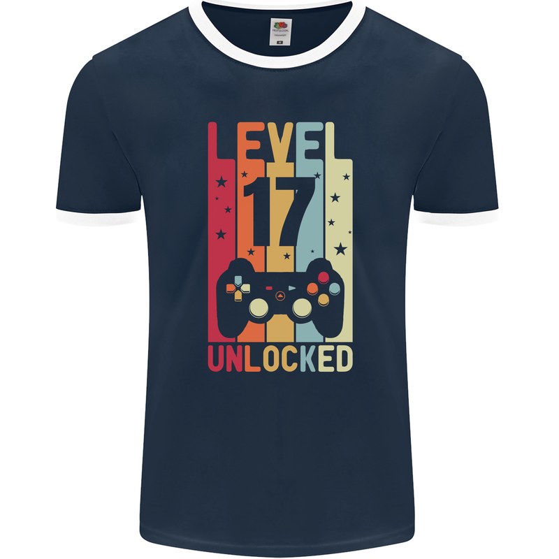 17th Birthday 17 Year Old Level Up Gamming Mens Ringer T-Shirt FotL Navy Blue/White